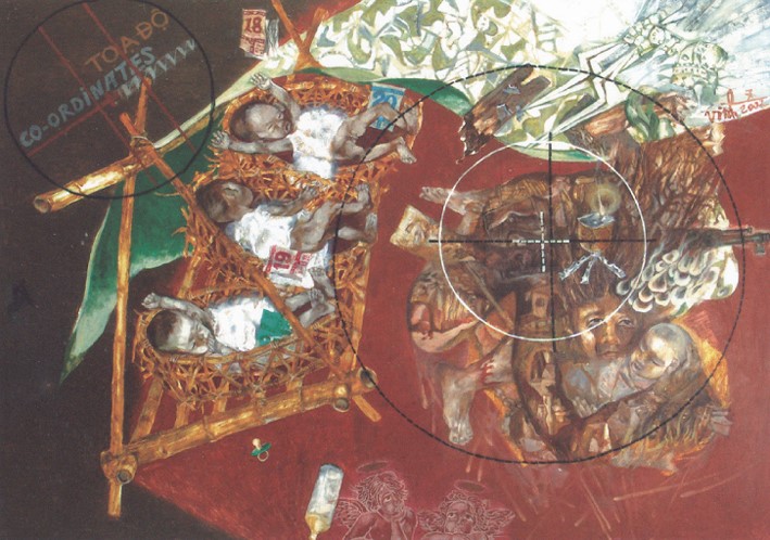 NGUYỄN THẾ VINH (NGUYỄN VINH)- Trẻ sơ sinh trong địa đạo Vĩnh Linh, 110 x 150cm - sơn dầu  